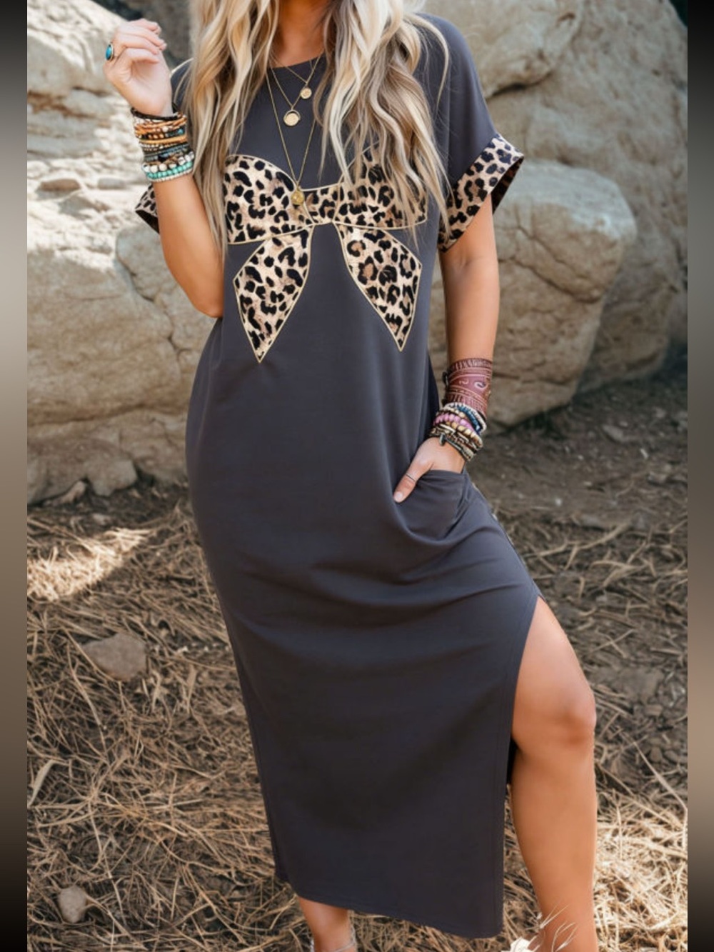 1238. Charcoal Leopard Bow embroidered appliqué Maxi T-Shirt Dress w/ Pockets